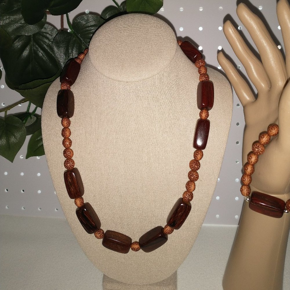Chunky Woodn Beaded Necklace and Bracelet  / Man or Woman